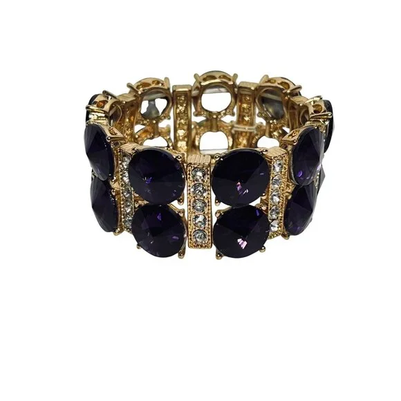 Gold Tone Clear Rhinestone And Purple Rivoli Stretch Bracelet (6243) - Picture 2 of 7
